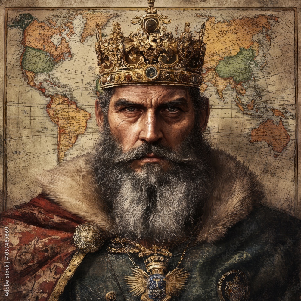 Royal Figure in Crown and Fur, Historic Map in the Background, Detailed Portrait Royal Figure in Crown and Fur, Historic Map in the Background, Detailed Portrait