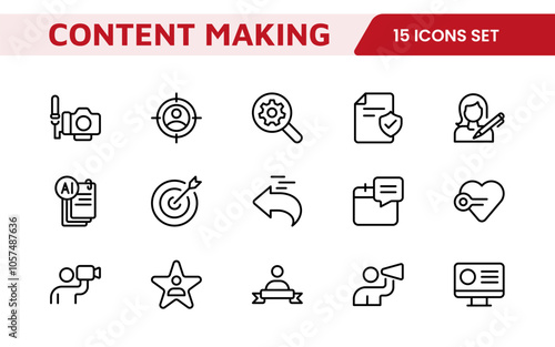 Content Creation Icon Set. Creative and versatile icons for bloggers, vloggers, and digital creators, perfect for enhancing editing tools, social media apps, and multimedia projects.