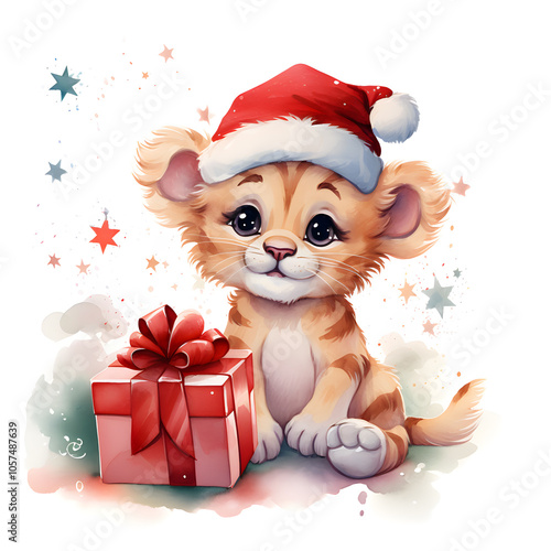 Festive Watercolor illustration of a cute lion wearing a Santa hat, surrounded by Christmas decorations, gift box, presents. Cute baby animal is Merry Christmas greeting cards, clipart, print