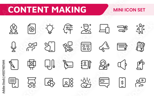 Content Creation Icon Set. Creative and versatile icons for bloggers, vloggers, and digital creators, perfect for enhancing editing tools, social media apps, and multimedia projects.