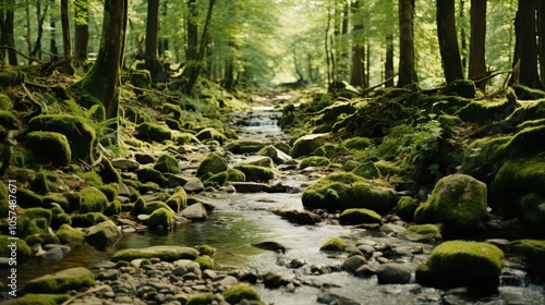 A winding creek flows through a mossy forest, sunlight dappling the lush green foliage, creating a serene and tranquil atmosphere.