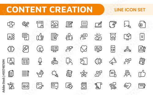 Content Creation Icon Set. Creative and versatile icons for bloggers, vloggers, and digital creators, perfect for enhancing editing tools, social media apps, and multimedia projects.