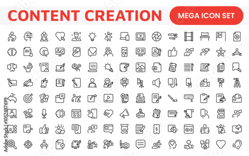 Content Creation Icon Set. Creative and versatile icons for bloggers, vloggers, and digital creators, perfect for enhancing editing tools, social media apps, and multimedia projects.
