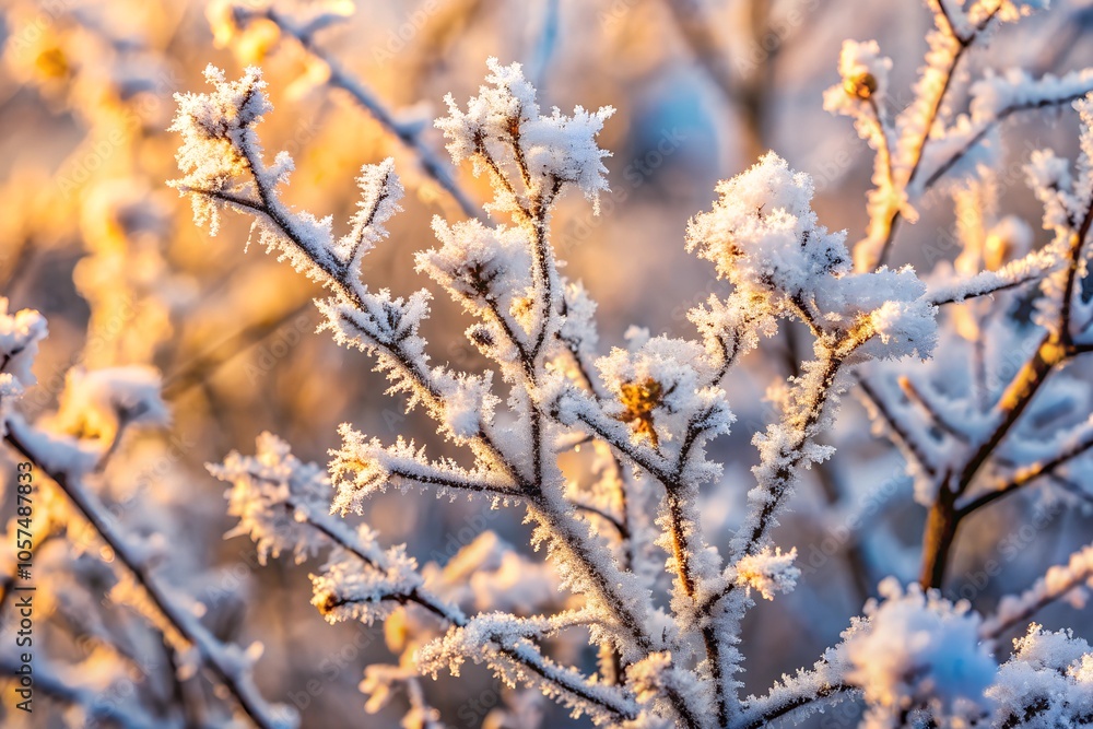 Close-up of frost-covered branches of dry shrub, glowing under winter sunlight, capturing the essence of frozen natural beauty and cold season. Close-up of frost-covered branches of dry shrub, glowing under winter sunlight, capturing the essence of frozen natural beauty and cold season.