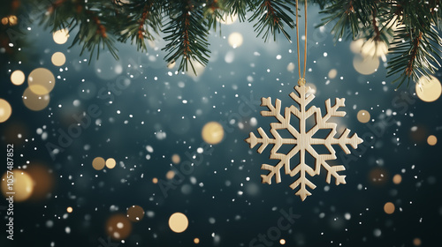 snowflake-shaped christmas ornament hanging on pine branch