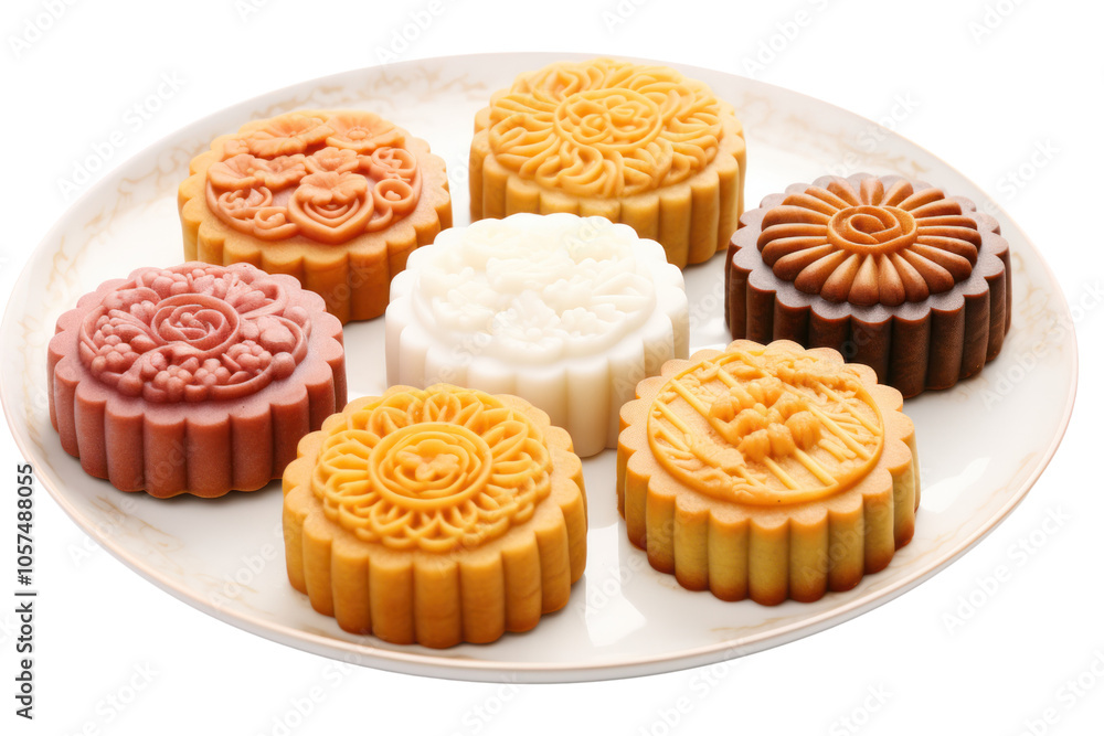 Close-up of a variety of mooncakes, including those with salted egg yolk and lotus seed filling, isolated on white background