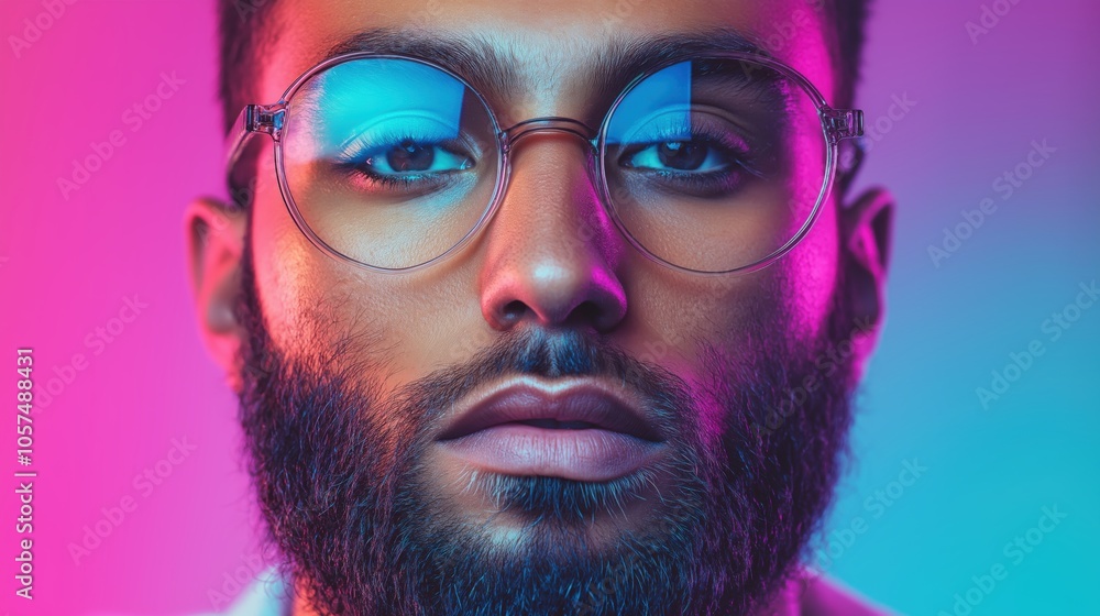 A portrait of a man illuminated by vibrant neon lighting, showcasing his intense gaze and glasses A portrait of a man illuminated by vibrant neon lighting, showcasing his intense gaze and glasses