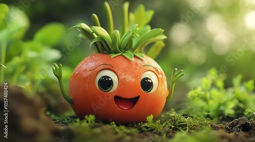 A cheerful cartoon tomato with a smiling face and green leaves, set in a vibrant garden.