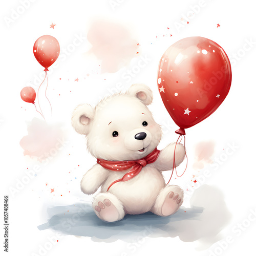 Watercolor illustration of a cute polar bear with a red balloon, heart shape. Adorable animal is for Valentines greeting cards, clipart, print, poster, banner, book images