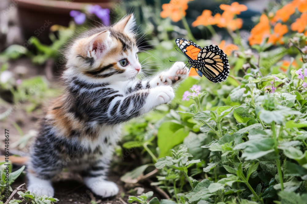 Curious kitten encounters butterfly in vibrant garden setting Curious kitten encounters butterfly in vibrant garden setting