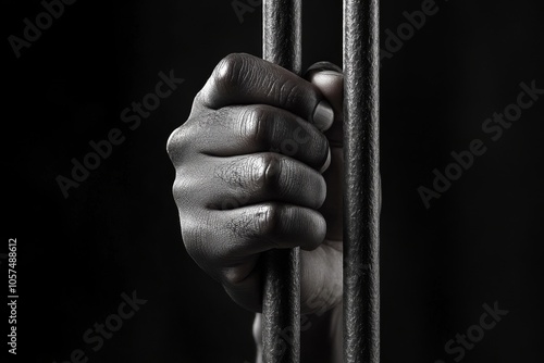 Detailed view of an inmate's hand gripping jail cell bars, showcasing the feeling of confinement and loss of freedom, symbolizing solitude and powerlessness
