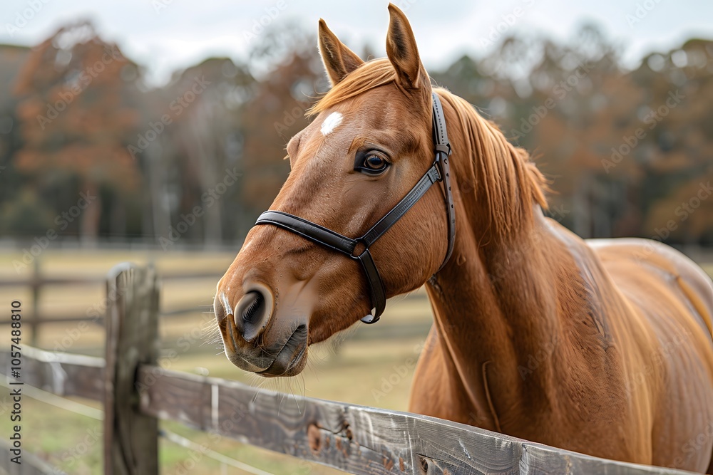 Obraz premium Majestic Chestnut Horse in a Serene Pastoral Setting