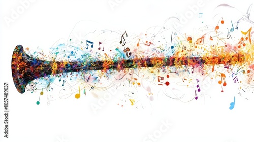 A colorful clarinet surrounded by swirling musical notes and vibrant splashes, capturing the essence of music and creativity in vivid artistry.