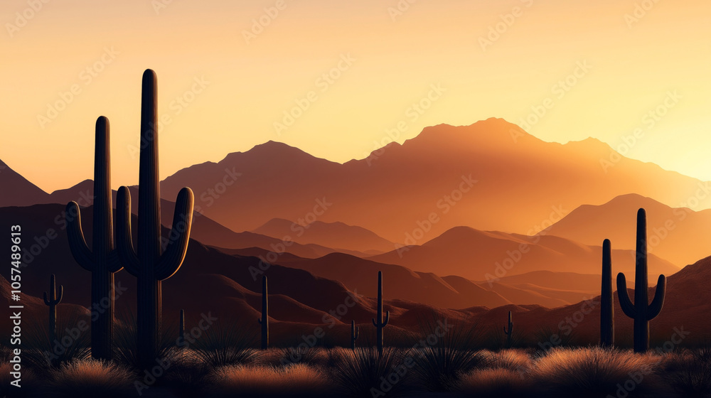 Desert landscape with silhouettes of tall cacti against a dramatic mountain backdrop at sunset, featuring warm orange and brown tones. Desert landscape with silhouettes of tall cacti against a dramatic mountain backdrop at sunset, featuring warm orange and brown tones.