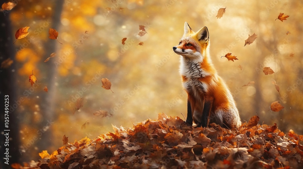 A fox is comfortably perched on top of a large pile of leaves in the woods