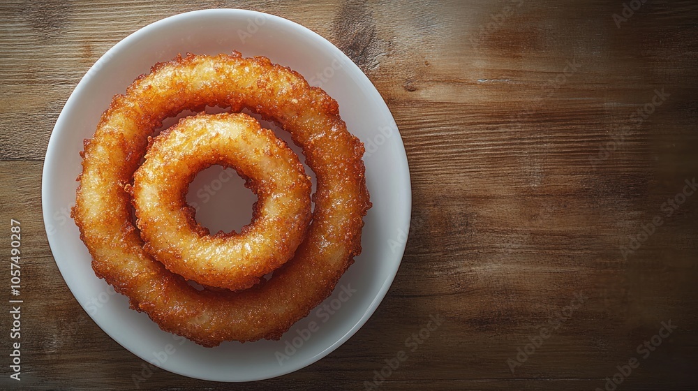 A plate of golden, circular fried pastries arranged in a spiral. A plate of golden, circular fried pastries arranged in a spiral.