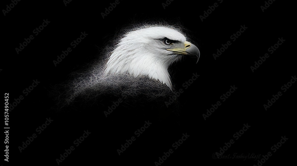 A bald eagle portrait with a white head and a black background, the eagle is looking to the right. A bald eagle portrait with a white head and a black background, the eagle is looking to the right.