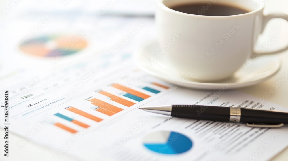 Coffee and pen on desk with financial charts and pie graphs Coffee and pen on desk with financial charts and pie graphs