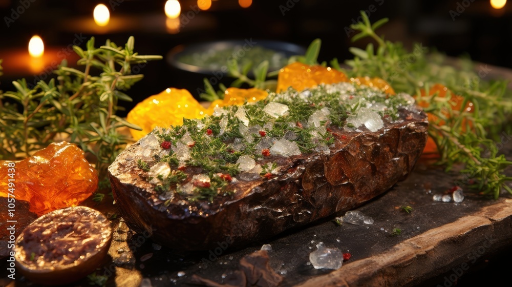 A rustic wooden slab, covered in ice crystals, adorned with sprigs of fresh herbs and amber-colored resin, illuminated by warm candlelight A rustic wooden slab, covered in ice crystals, adorned with sprigs of fresh herbs and amber-colored resin, illuminated by warm candlelight