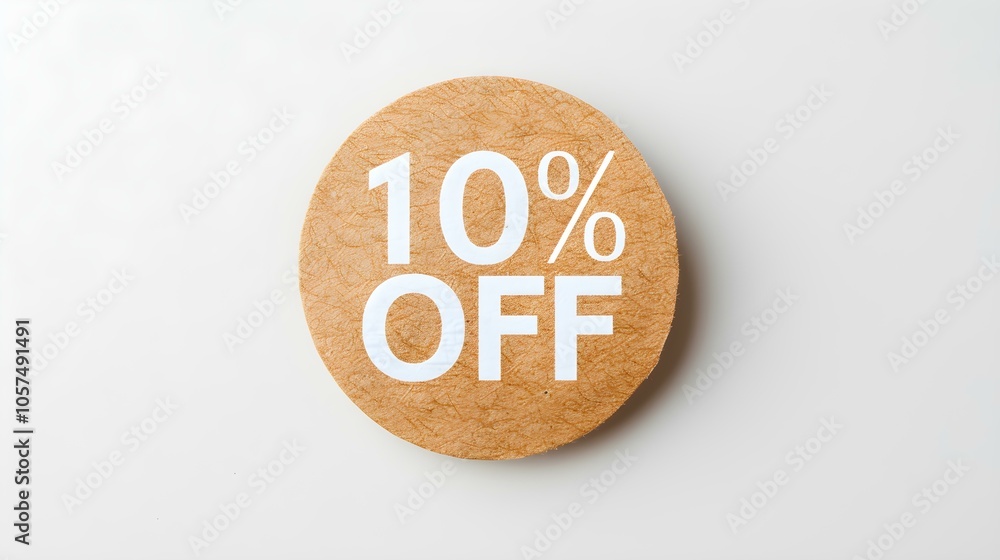 White '10% OFF' Text on a Light Brown Round Paper Note. White Background with Copy Space White '10% OFF' Text on a Light Brown Round Paper Note. White Background with Copy Space
