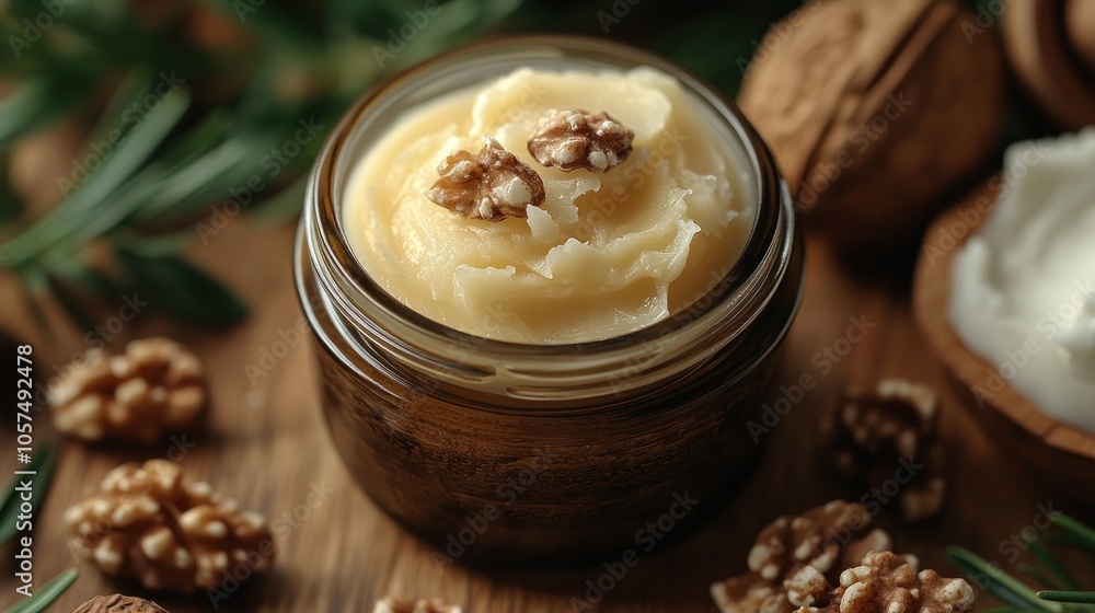 Creamy substance in a jar with walnuts, set on a wooden surface. Creamy substance in a jar with walnuts, set on a wooden surface.
