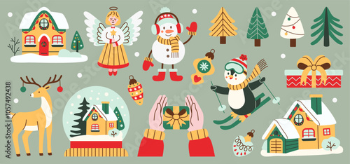 Flat style Christmas set with festive characters and decorations, including an angel, snowman, reindeer, penguin, gifts, holiday houses, and winter trees. Ideal for holiday designs and decorations.