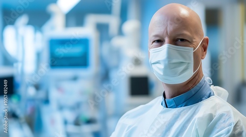 Confident Surgeon in Surgical Gown and Mask Stands Ready in Operating Room AI Generated