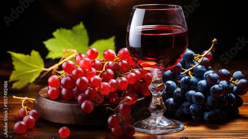 Wallpaper Mural A glass of rich red wine resting beside a cluster of ripe red grapes and a bunch of dark blue grapes on a wooden surface. Torontodigital.ca