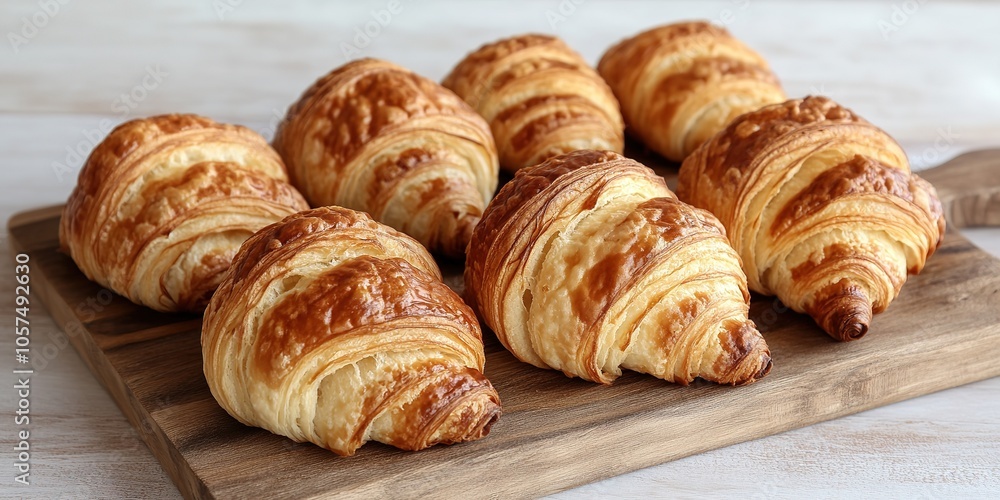 Fresh golden croissants on wooden board Fresh golden croissants on wooden board