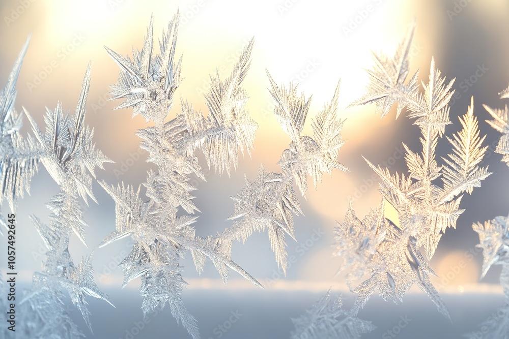 Frost patterns on glass with warm light background Frost patterns on glass with warm light background