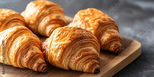 Golden croissants on wooden board, bakery concept