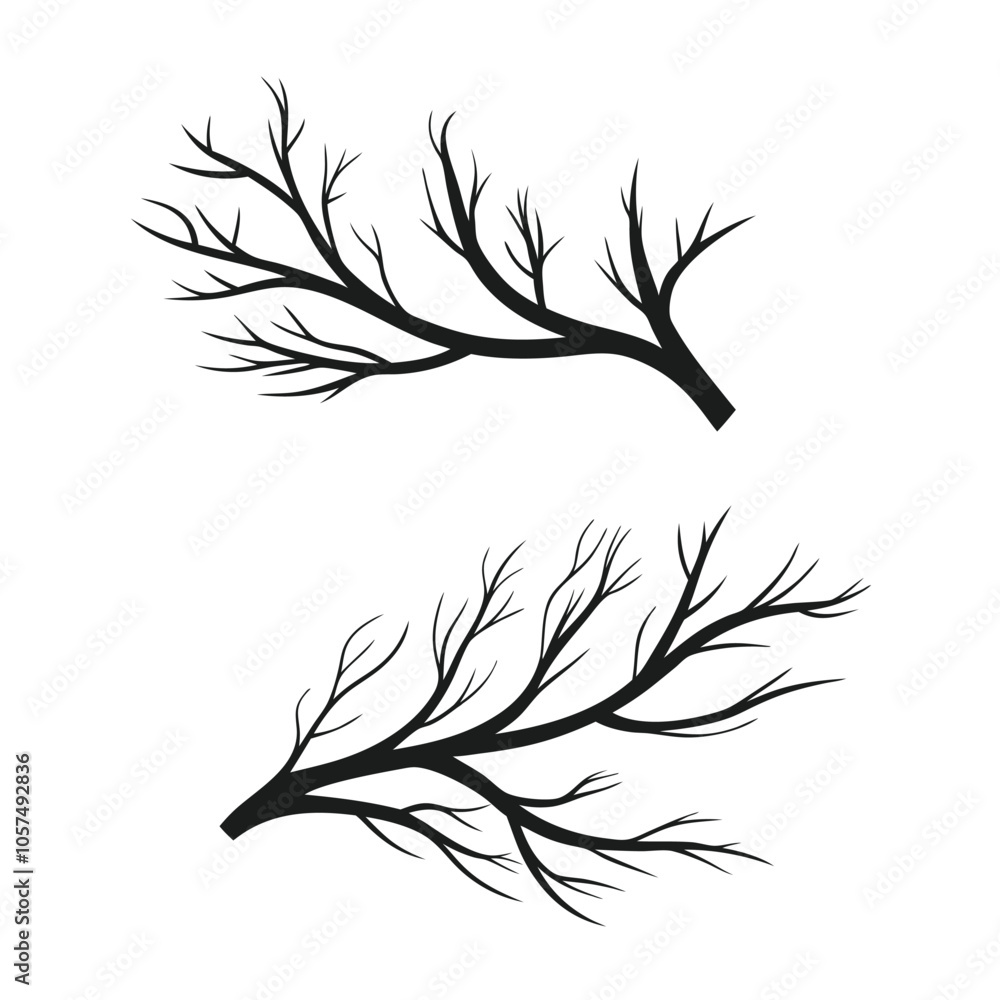 Naklejka premium Minimalist Vector Tree Branch Silhouettes in Black, Simple Flat Design with No Shading on White Background