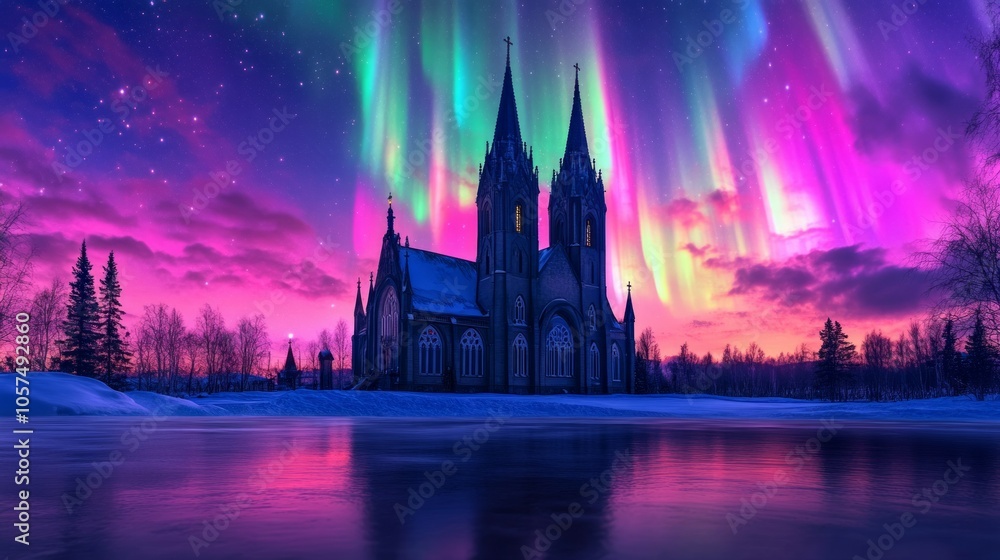 A breathtaking Catholic church set against a vibrant aurora borealis sky. A breathtaking Catholic church set against a vibrant aurora borealis sky.