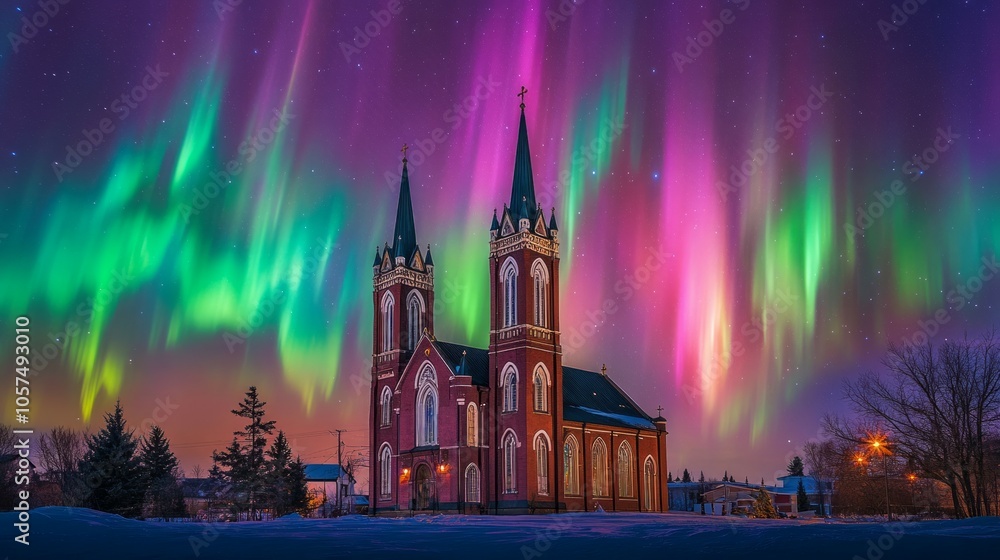 Fototapeta premium A breathtaking Catholic church set against a vibrant aurora borealis sky.