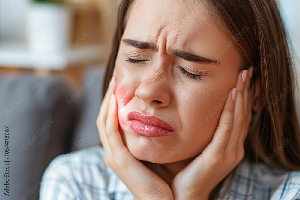 Closeup image of a young woman experiencing a toothache in her home Closeup image of a young woman experiencing a toothache in her home
