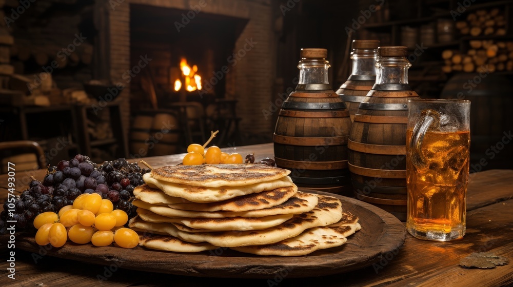 Naklejka premium Warm, flatbread stacked high with grapes and fruit, resting on a wooden table beside two barrels and a glass of amber liquid.