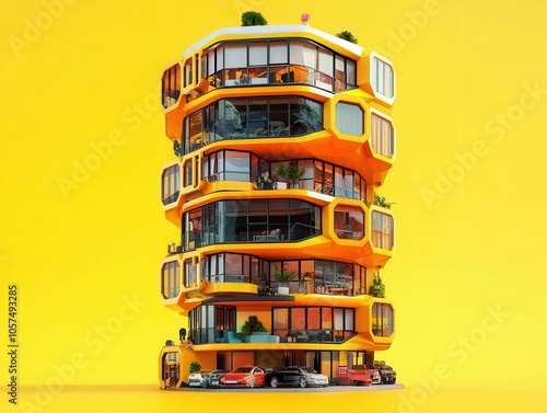 Skyscraper with honeycombshaped windows, standing on a vibrant yellow background, 3D illustration photo