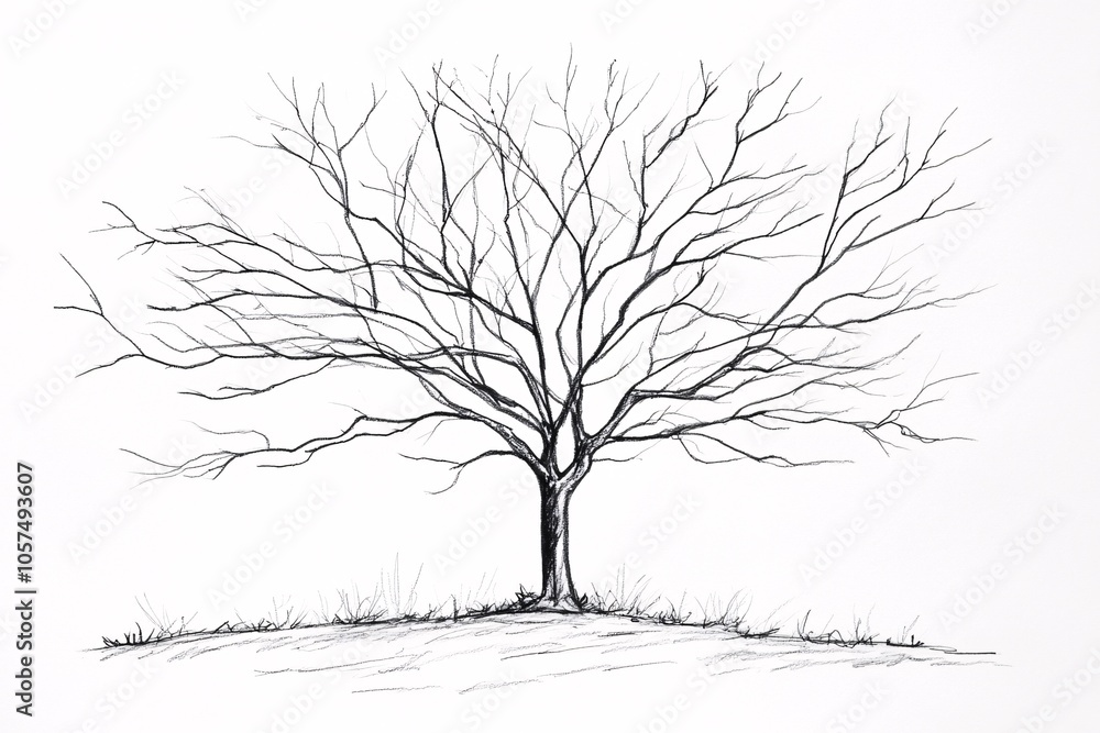 Hand Drawn Sketch of a Bare Tree in Winter Landscape Hand Drawn Sketch of a Bare Tree in Winter Landscape