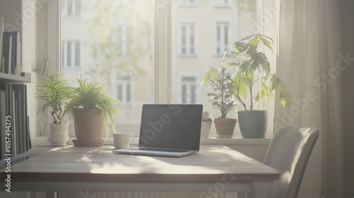 A stylish home office with a minimalistic setup a laptop, coffee cup, and plants on a desk near a bright window, cozy chair in a contemporary apartment, peaceful and productive ambiance