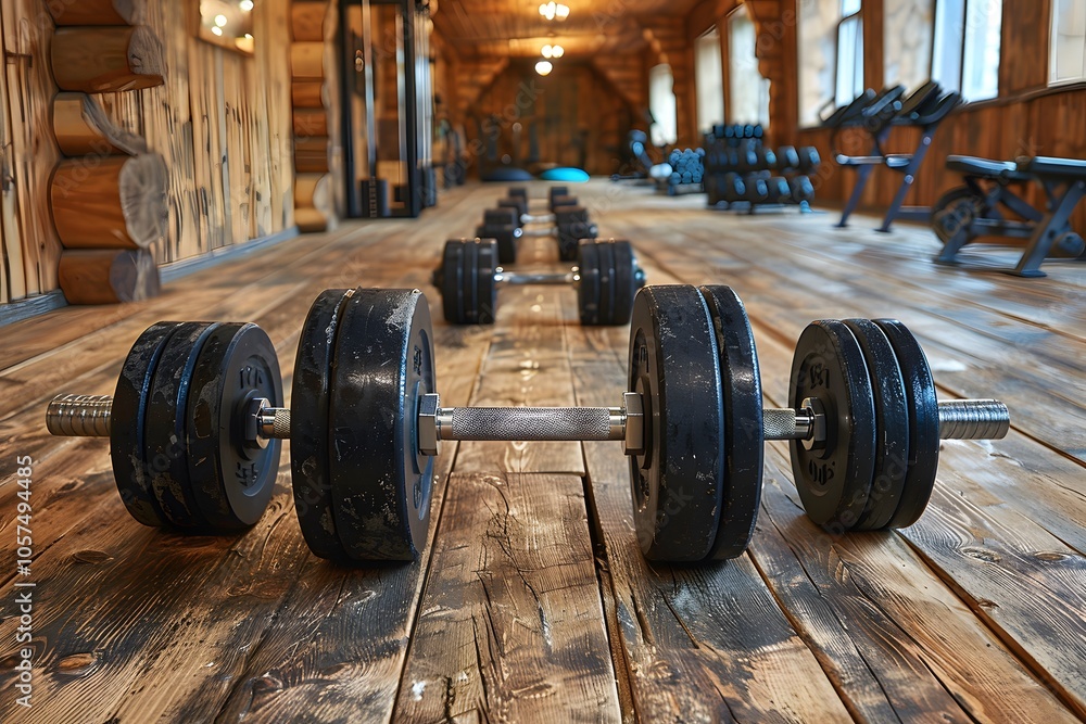 A Well-Equipped Gym with Dumbbells on a Rustic Wooden Floor A Well-Equipped Gym with Dumbbells on a Rustic Wooden Floor