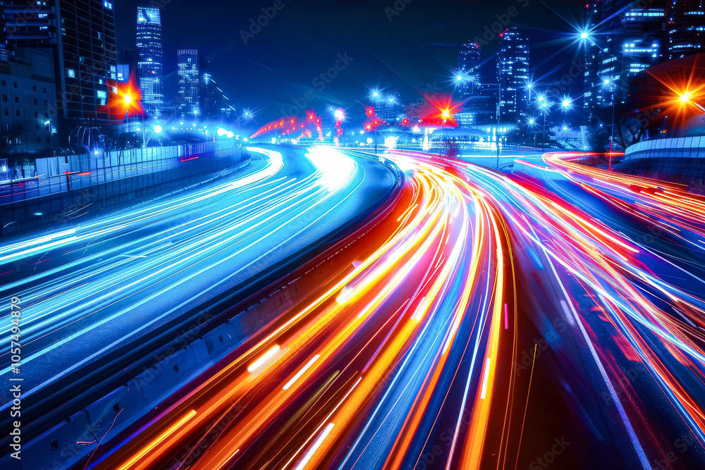 Cityscape with a highway in the middle and a bright city skyline. The highway is lit up with bright lights, creating a sense of movement and energy. The cityscape is bustling with activity Cityscape with a highway in the middle and a bright city skyline. The highway is lit up with bright lights, creating a sense of movement and energy. The cityscape is bustling with activity
