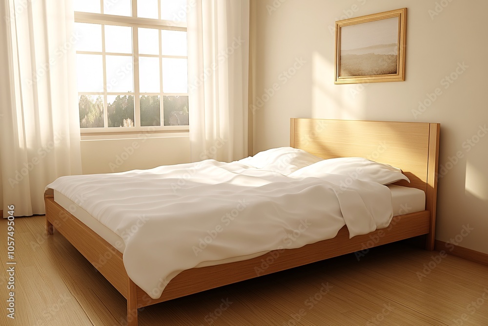 Obraz premium Modern Wooden Bed in Minimalist Bedroom with Sunlit Window