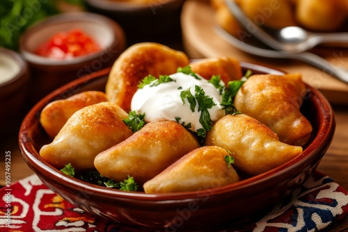 Delicious golden dumplings served with sour cream and fresh herbs in a cozy dining setting