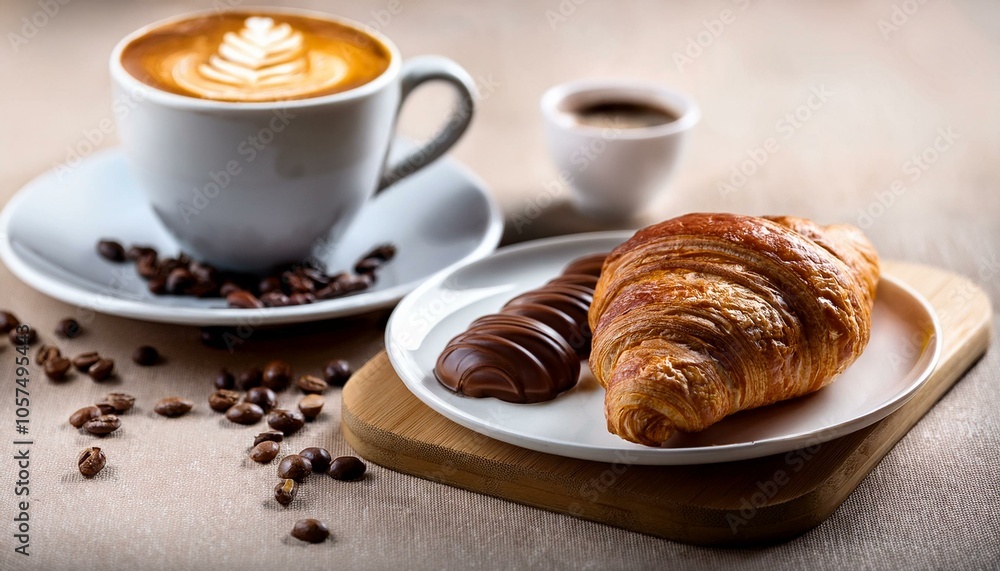 breakfast with cappuccino, coffee and chocolate croissant breakfast with cappuccino, coffee and chocolate croissant