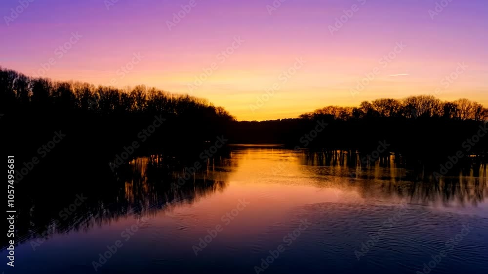 Wide shot of a tranquil lake at sunset with silhouettes of trees and a vibrant purple, orange, and pink sky reflected in the water