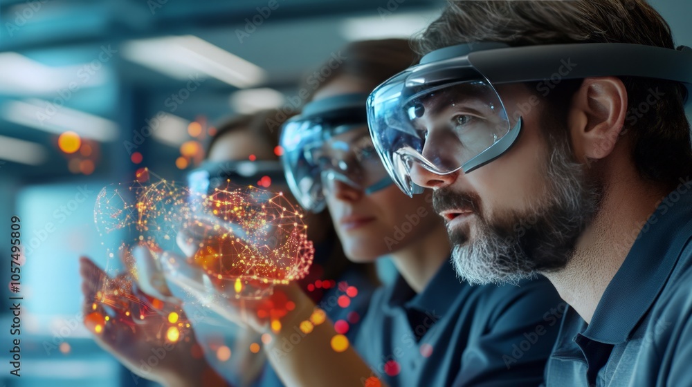 Team of scientists using virtual reality to visualize chemical compounds in a futuristic research lab. Team of scientists using virtual reality to visualize chemical compounds in a futuristic research lab.
