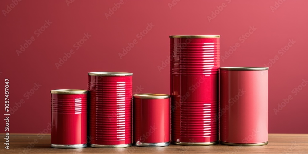 Five red cans of different sizes arranged in descending order on a wooden surface against a red background Five red cans of different sizes arranged in descending order on a wooden surface against a red background