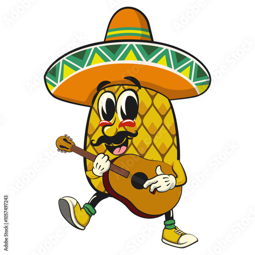 Cute and happy fun pineapple isolated vector cartoon mascot character wearing sombrero and playing guitar, work of hand drawn
