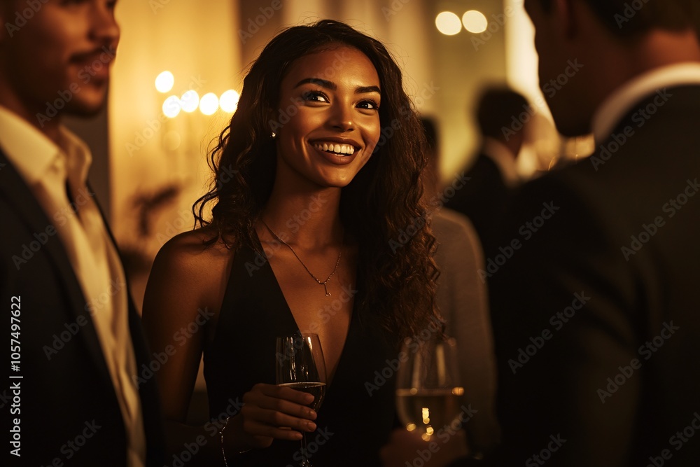 Smiling woman with glass at a lively celebration, illuminated by warm lights in a busy gathering Smiling woman with glass at a lively celebration, illuminated by warm lights in a busy gathering