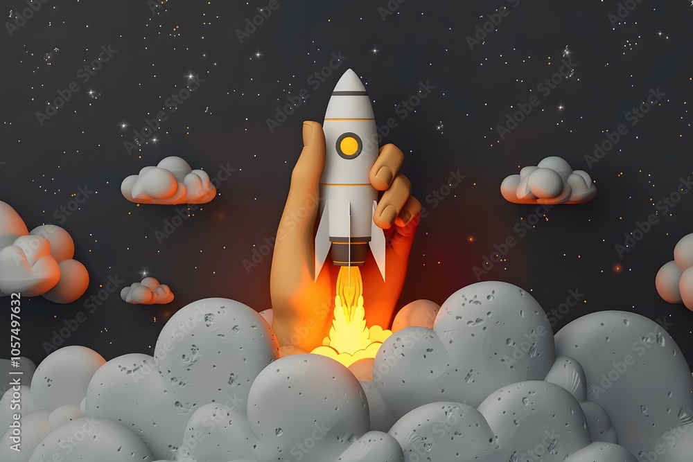 A Hand Launching a Rocket into Space Amidst Clouds and Stars A Hand Launching a Rocket into Space Amidst Clouds and Stars